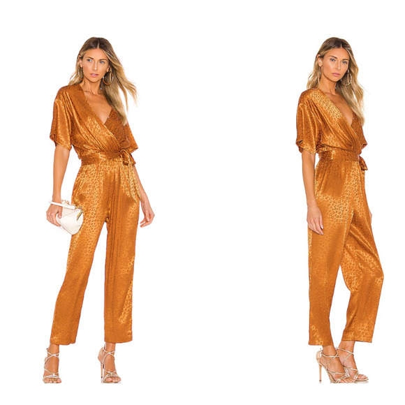 NWT Joie Tau Women's Copper Satin Leopard Printed Wrap Jumpsuit Romper - Size S - Picture 1 of 8